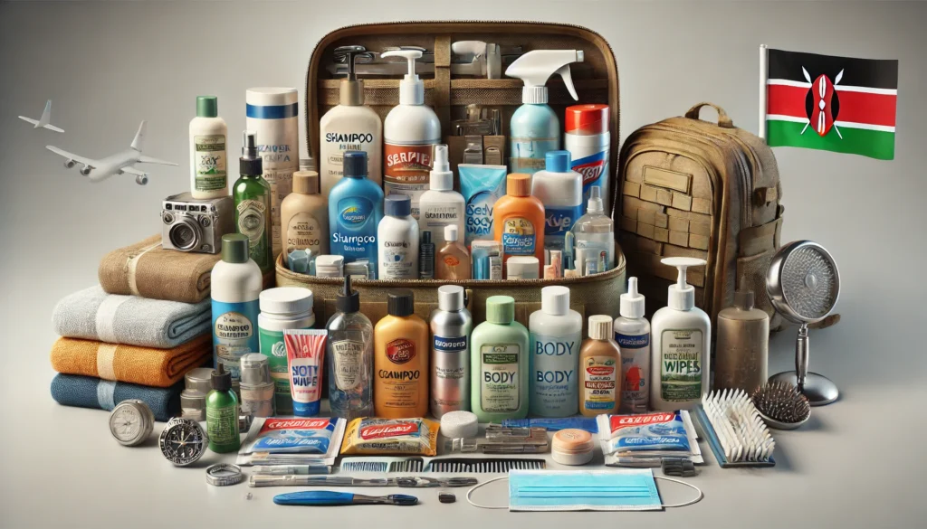 toiletries and personal care items for a backpacking trip in Kenya. 